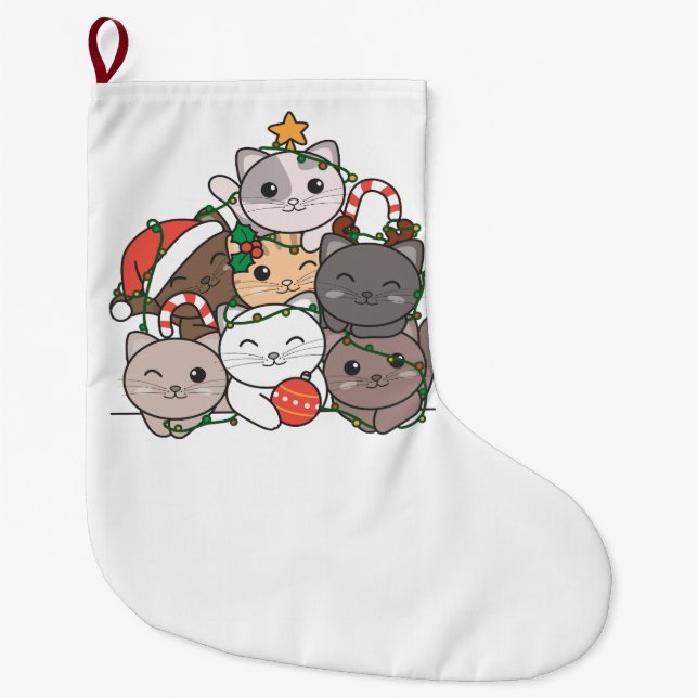 Cat Christmas Tree Funny Animal Christmas Holiday Large Christmas Stocking (Front)
