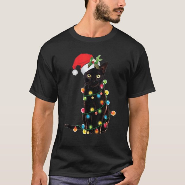 Cat Christmas Tree Light Xmas Cat T-Shirt (Front)