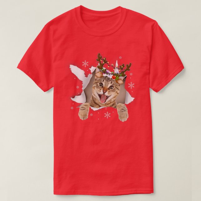 Cat Christmas Tree Lights Funny Reindeer Cat Pajam T-Shirt (Design Front)