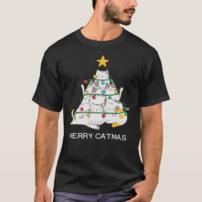 Cat Christmas Tree Merry Catmas Meowy Christmas T-Shirt (Front)