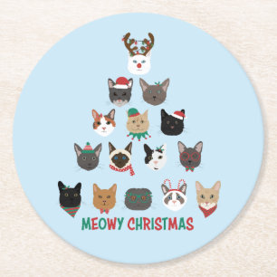 Cat Christmas Tree Round Paper Coaster