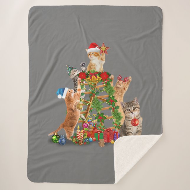 Cat Christmas Tree Ugly Christmas Cat Mom Cat Dad Sherpa Blanket (Front)