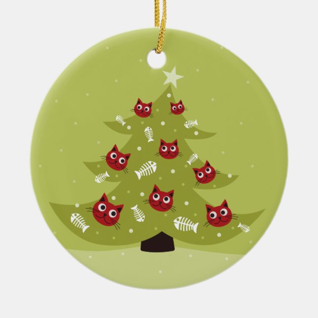 Cat Christmas Tree With Fish Ornaments (Front)