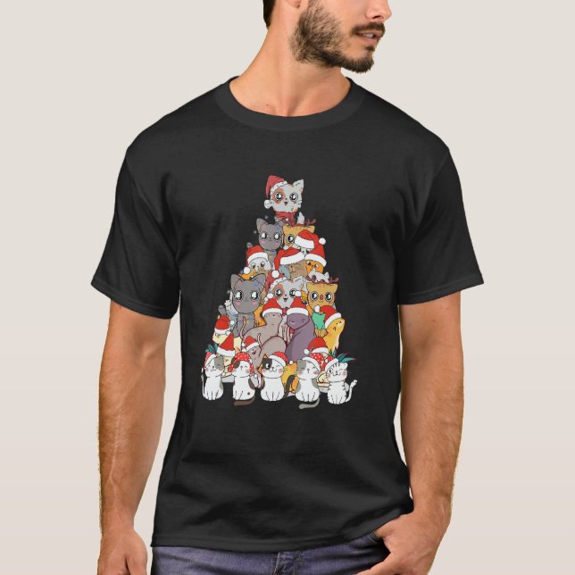Cat Christmas Tree Xmas  Meowy Catmas Santa T-Shirt (Front)