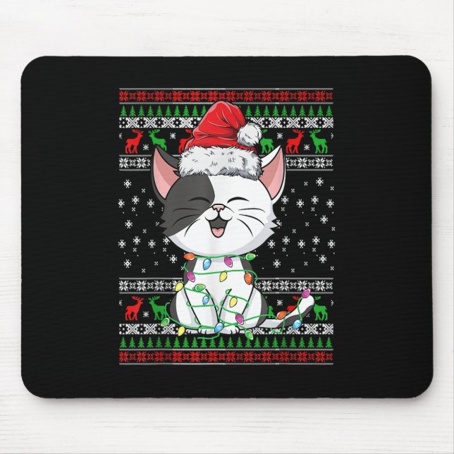 Cat Christmas Ugly Xmas Lights Santa Hat Funny Gif Mouse Mat (Front)