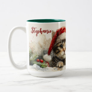 Cat Christmas Watercolor Cute Kitten Two-Tone Coffee Mug