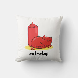 Cat-chup Funny Red Ketchup Cat Pun  Cushion
