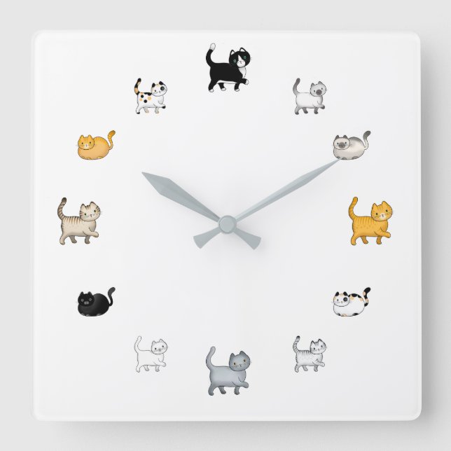 Cat Clock, Square Wall Clock (Front)