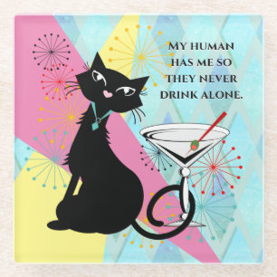Cat & Cocktail - Never Drink Alone Glass Coaster