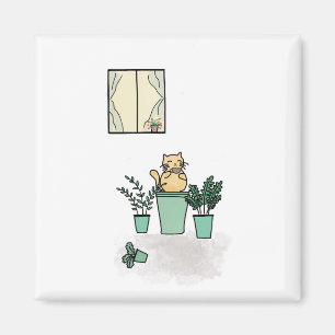 Cat Coffee Window Plants Planters Green Magnet