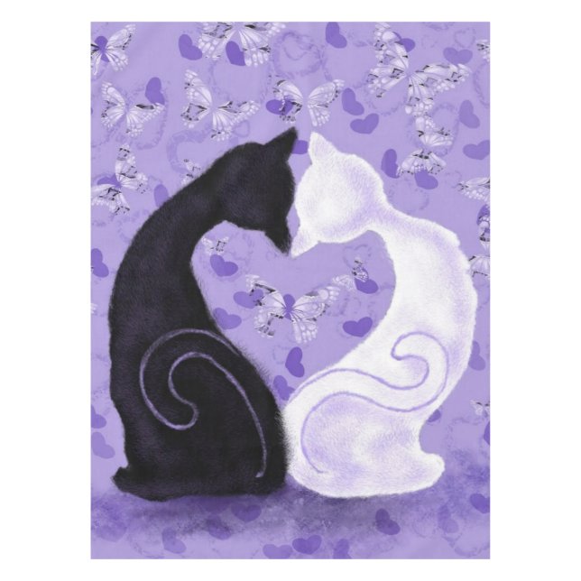 Cat Couple Butterfly Hearts Purple Tablecloth (Front)