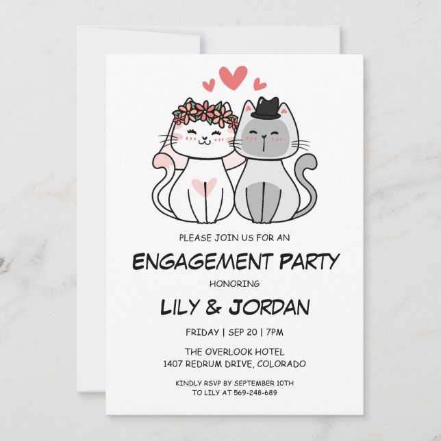 Cat couple cartoon engagement invitations (Front)