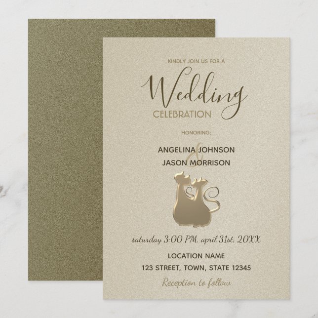 Cat Couple Modern Gold Elegant Wedding Invitation (Front/Back)