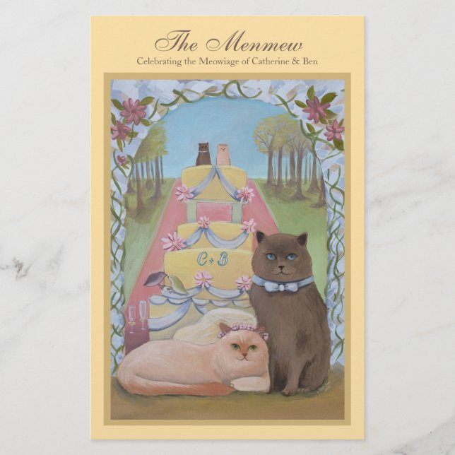 Cat Couple Yellow Wedding Menu Card (Front)