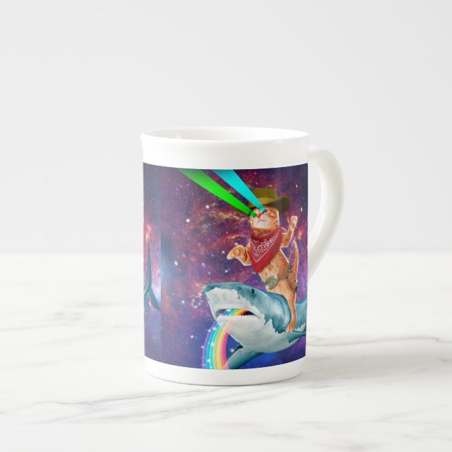 Cat Cowboy riding a Shark spewing a Rainbow Bone China Mug (Front Right)