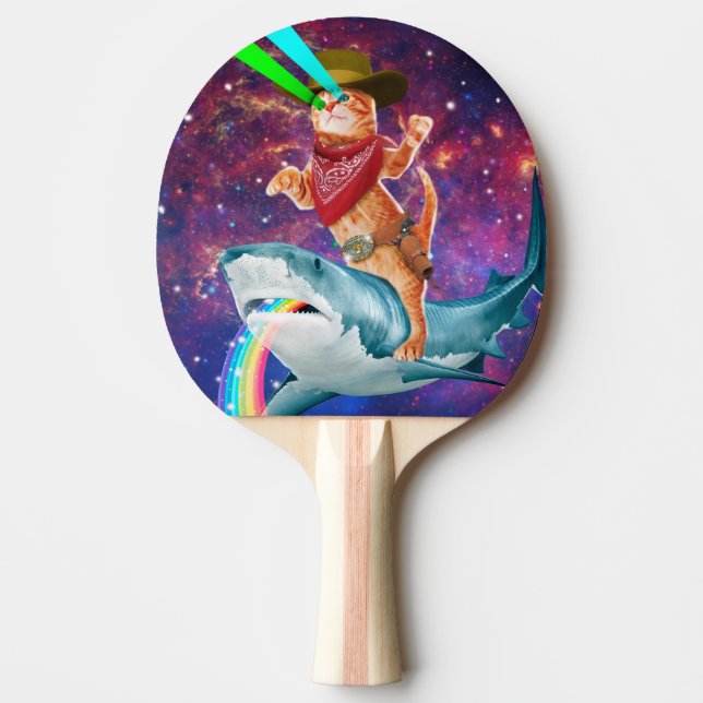 Cat Cowboy riding a Shark spewing a Rainbow Ping Pong Paddle (Front)