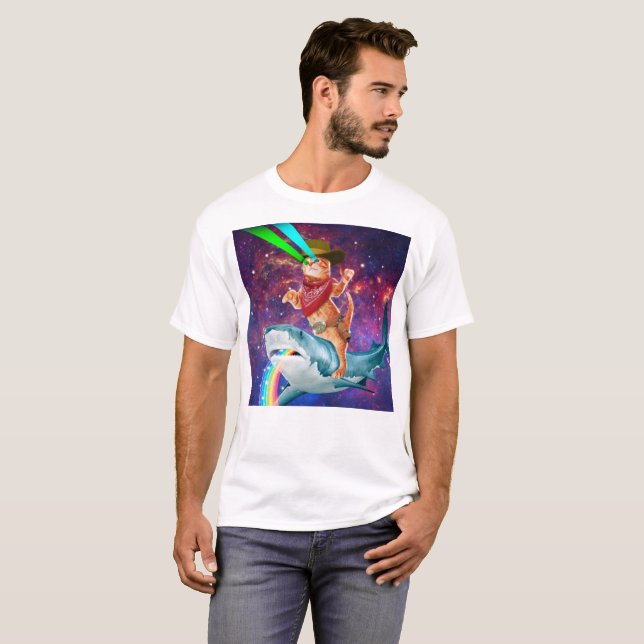 Cat Cowboy riding a Shark spewing a Rainbow T-Shirt (Front Full)