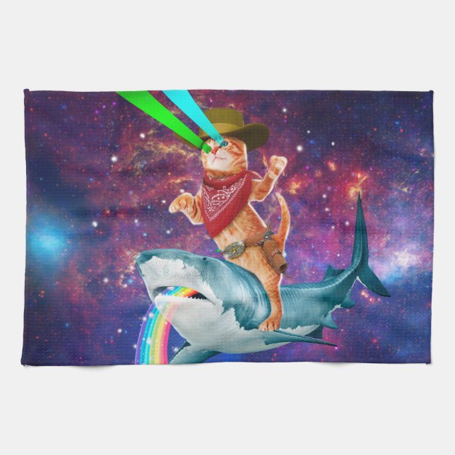 Cat Cowboy riding a Shark spewing a Rainbow Tea Towel (Horizontal)
