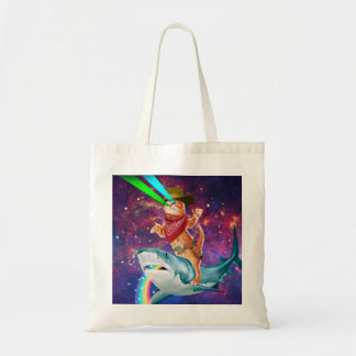Cat Cowboy riding a Shark spewing a Rainbow Tote Bag