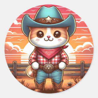 cat cowboy sunset classic round sticker