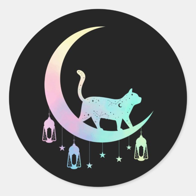 Cat Crescent Moon Horoscope Pastel Goth Wicca Classic Round Sticker (Front)