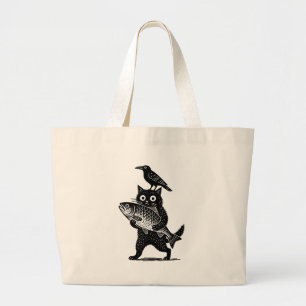 Cat, Crow, and Catch Large Tote Bag