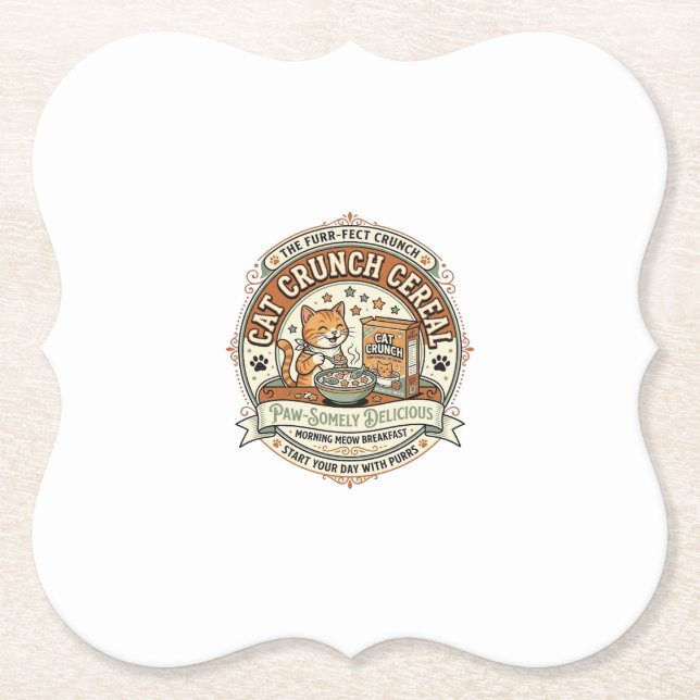 Cat Crunch Cereal Cat Breakfast Cereal Box Cat Vin Paper Coaster (Front)