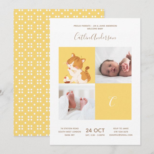 Cat Cupcake • Alphabet Monogram Cute Baby Shower Invitation (Front/Back)