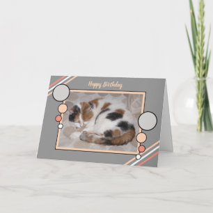 Cat curled up asleep photo coral grey birthday card