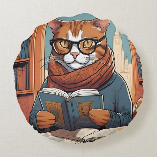 Cat cushion. Cute Cat reading a book.  Round Cushion (Back)