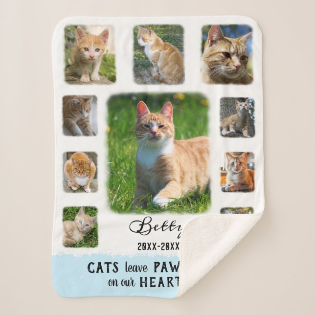 Cat Custom Photo Collage Faded Borders White Blue Sherpa Blanket (Front)