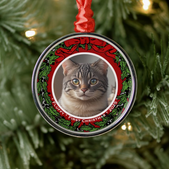 Cat Custom photo First Christmas wreath  Metal Tree Decoration (Tree)