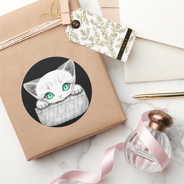 Cat Cute and Playful peaking from a Pocket Classic Round Sticker (Gifting)