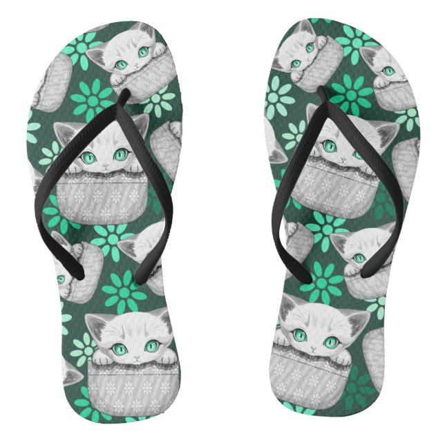 Cat Cute and Playful peaking from a Pocket Flip Flops (Footbed)