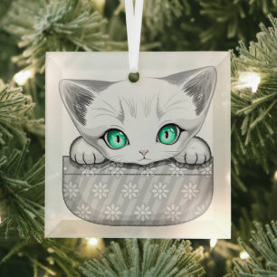 Cat Cute and Playful peaking from a Pocket Glass Tree Decoration