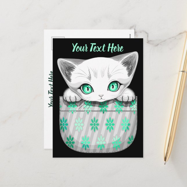 Cat Cute and Playful peaking from a Pocket Holiday Postcard (Front/Back In Situ)