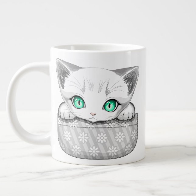 Cat Cute and Playful peaking from a Pocket Large Coffee Mug (Left)