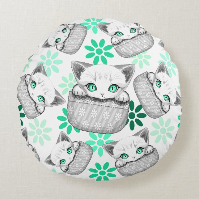 Cat Cute and Playful peaking from a Pocket Round Cushion (Front)