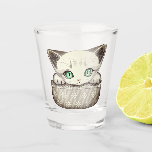 Cat Cute and Playful peaking from a Pocket Shot Glass (Front)
