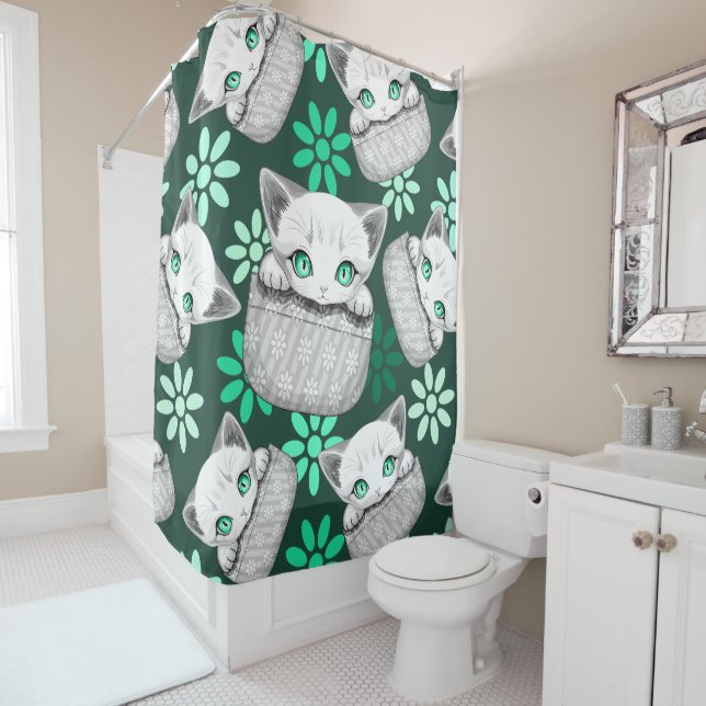 Cat Cute and Playful peaking from a Pocket Shower Curtain (In Situ)