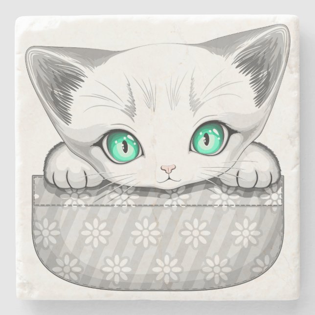 Cat Cute and Playful peaking from a Pocket Stone Coaster (Front)
