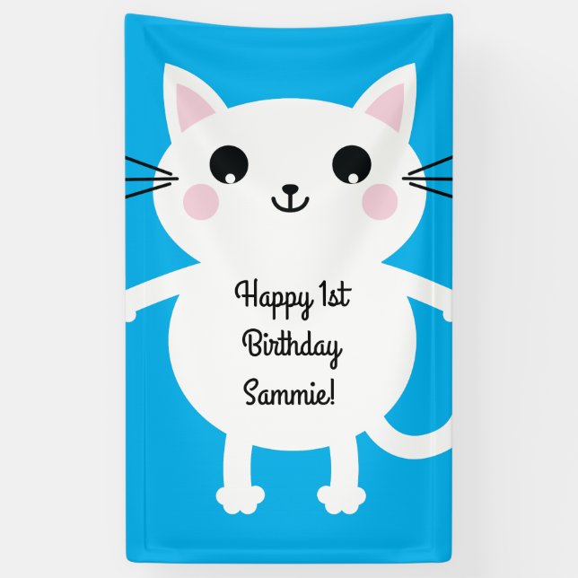 Cat Cute Kitty Colourful 1st Birthday Party Theme Banner (Vertical)