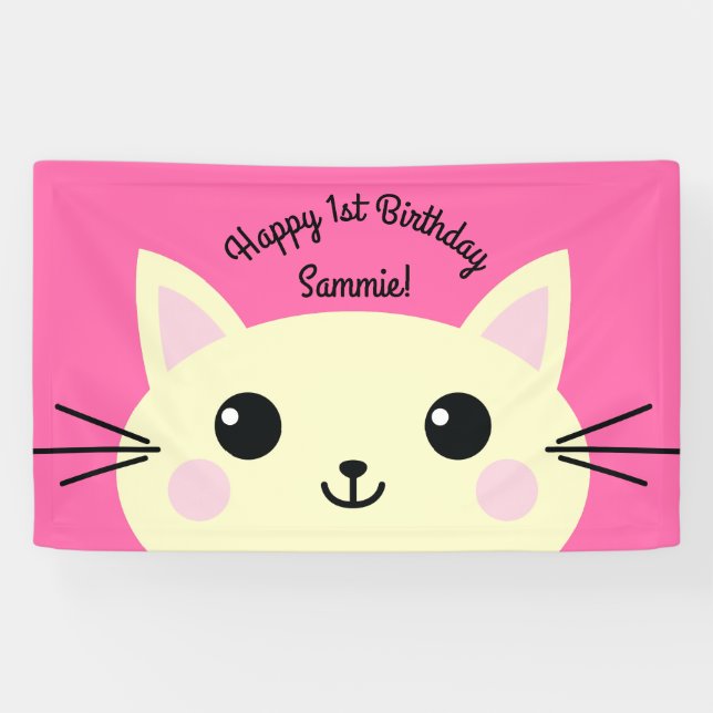 Cat Cute Kitty Colourful 1st Birthday Party Theme Banner (Horizontal)