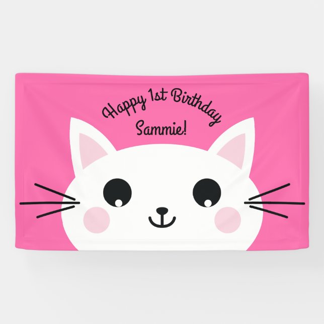 Cat Cute Kitty Colourful 1st Birthday Party Theme Banner (Horizontal)
