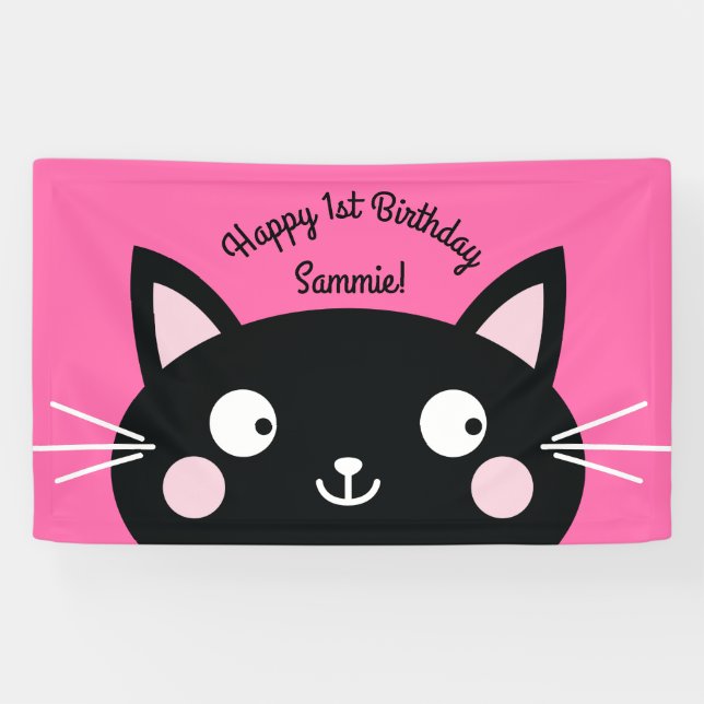 Cat Cute Kitty Colourful 1st Birthday Party Theme Banner (Horizontal)