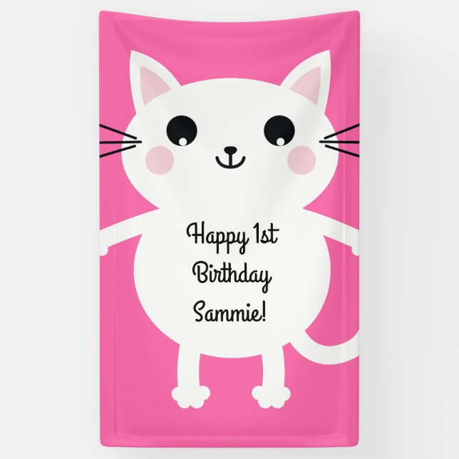 Cat Cute Kitty Colourful 1st Birthday Party Theme Banner (Vertical)