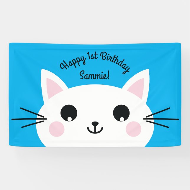 Cat Cute Kitty Colourful 1st Birthday Party Theme Banner (Horizontal)