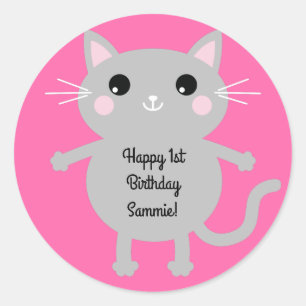 Cat Cute Kitty Colourful 1st Birthday Party Theme Classic Round Sticker