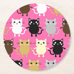 Cat Cute Kitty Colourful 1st Birthday Party Theme Round Paper Coaster