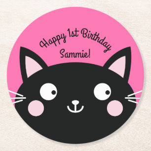 Cat Cute Kitty Colourful 1st Birthday Party Theme Round Paper Coaster